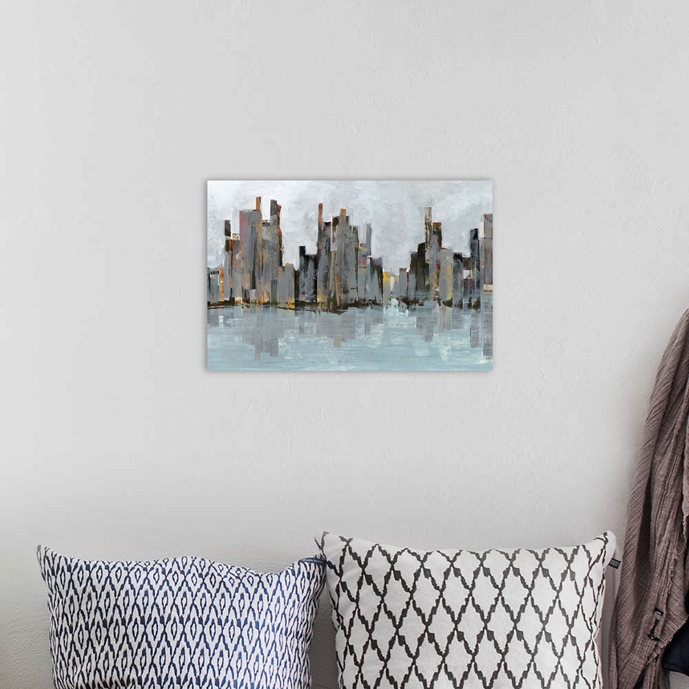 A bohemian room featuring Contemporary abstract painting of a city skyline seen from across a river while casting a reflect...