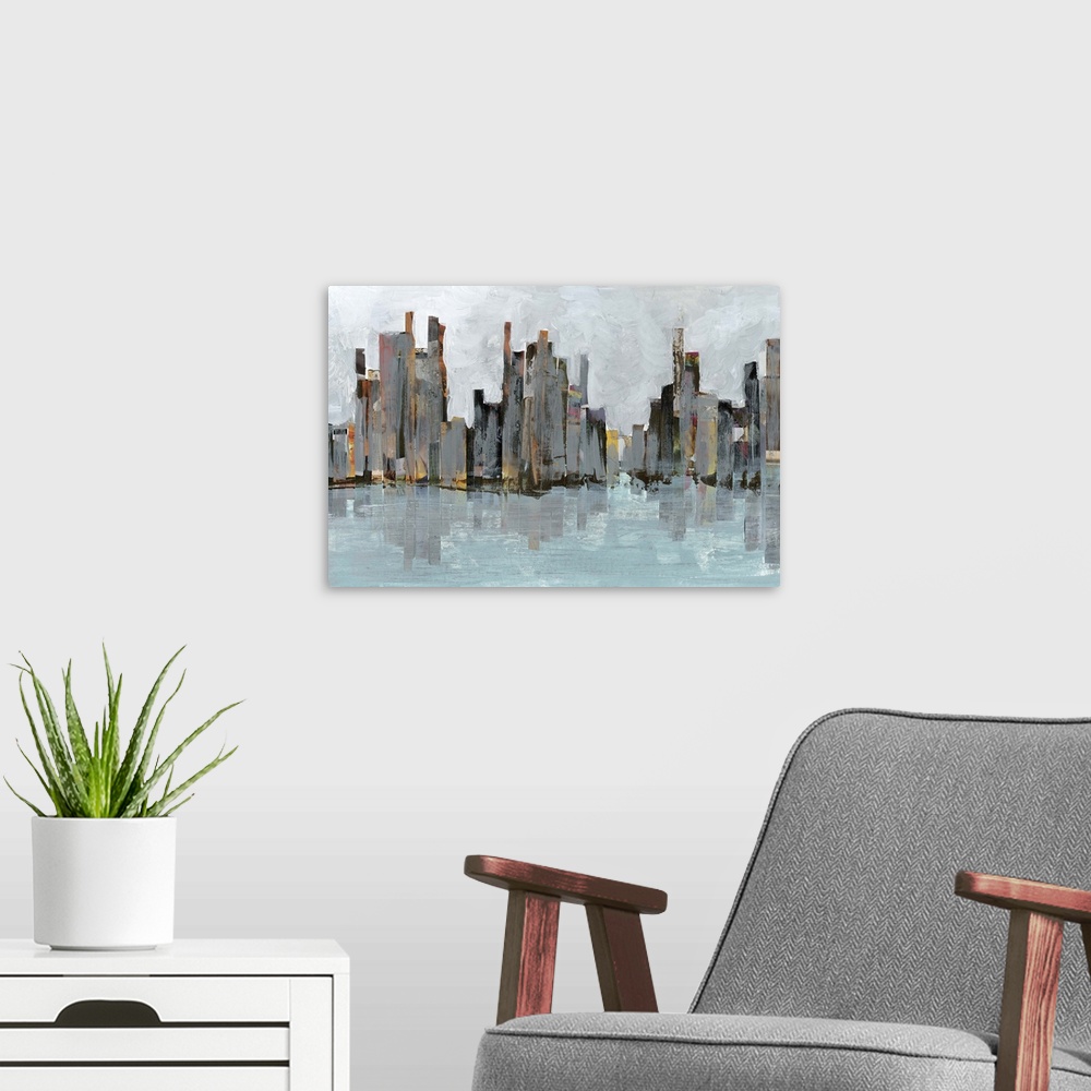 A modern room featuring Contemporary abstract painting of a city skyline seen from across a river while casting a reflect...