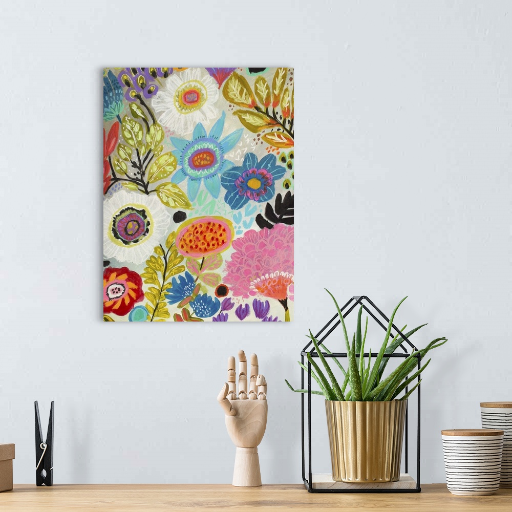 A bohemian room featuring Boho style illustration of tropical flowers in bloom.