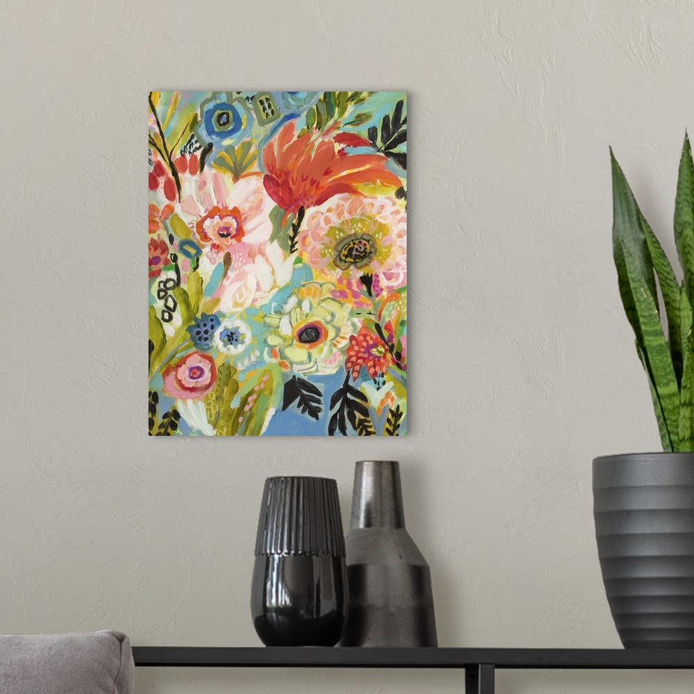 A modern room featuring Tropical illustration of colorful blooming flowers in a Boho style.