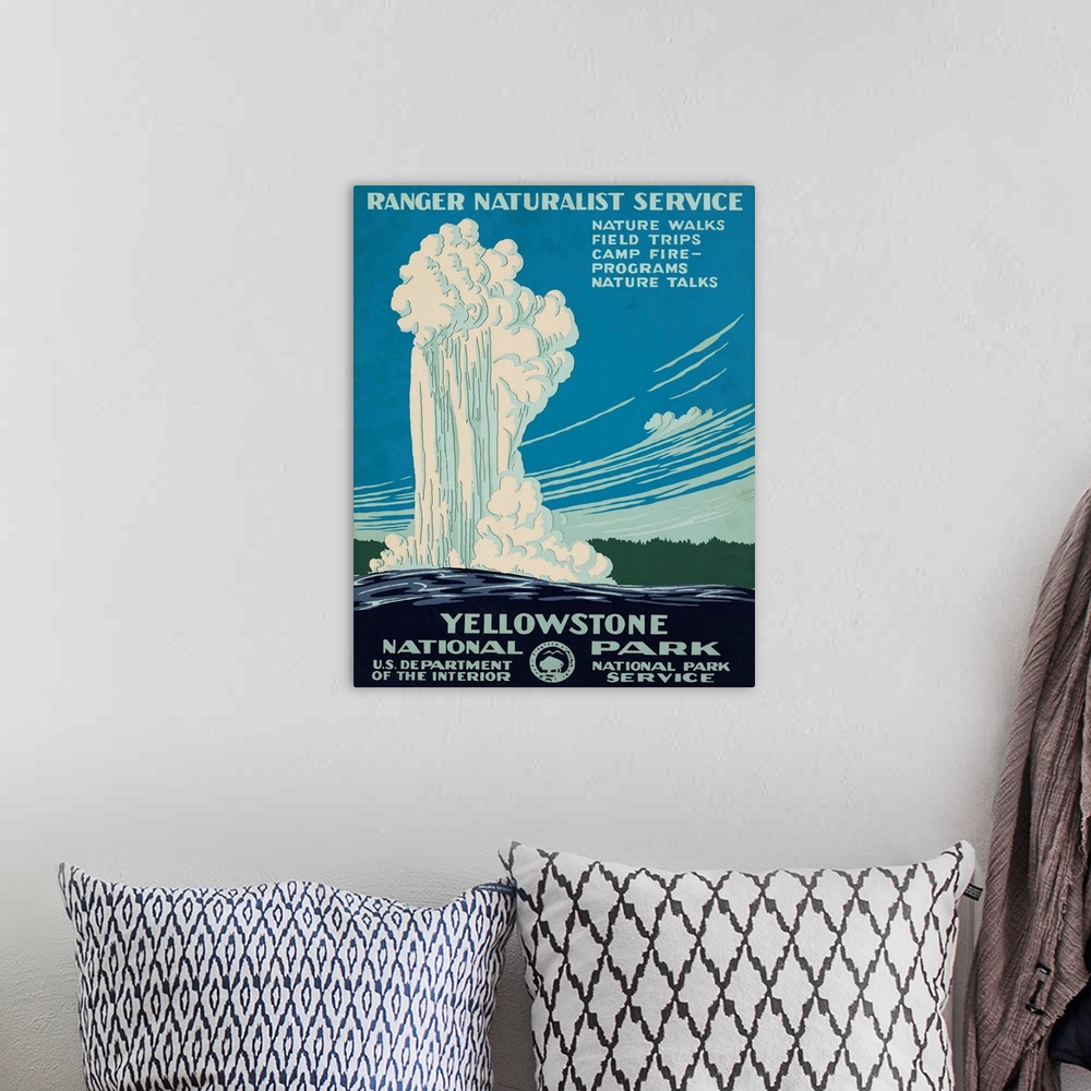 A bohemian room featuring Vintage travel poster featuring Old Faithful geyser in Yellowstone National Park, Wyoming.