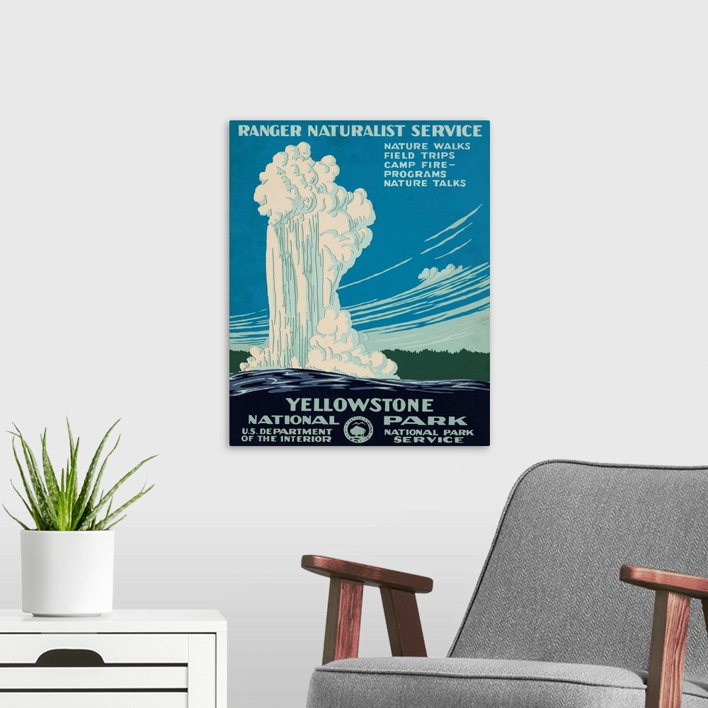 A modern room featuring Vintage travel poster featuring Old Faithful geyser in Yellowstone National Park, Wyoming.