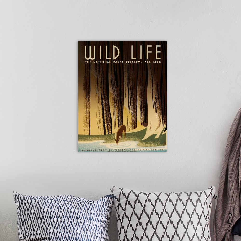 A bohemian room featuring Vintage advertising poster for the US National Parks, with a deer drinking from a stream.