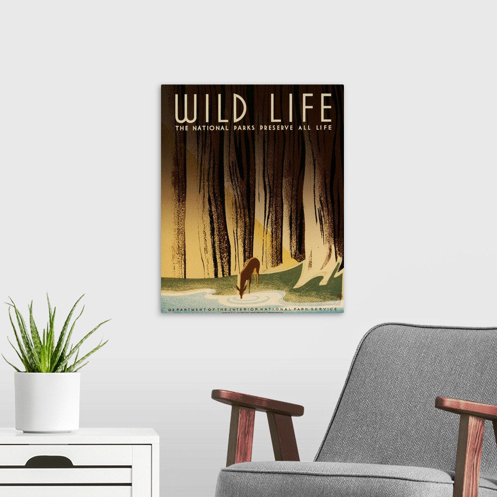 A modern room featuring Vintage advertising poster for the US National Parks, with a deer drinking from a stream.