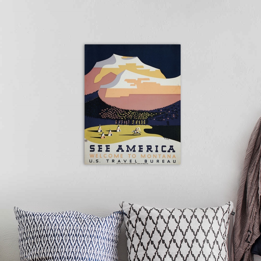 A bohemian room featuring Vintage travel advertising poster for Montana, with tipis and a mountain range.