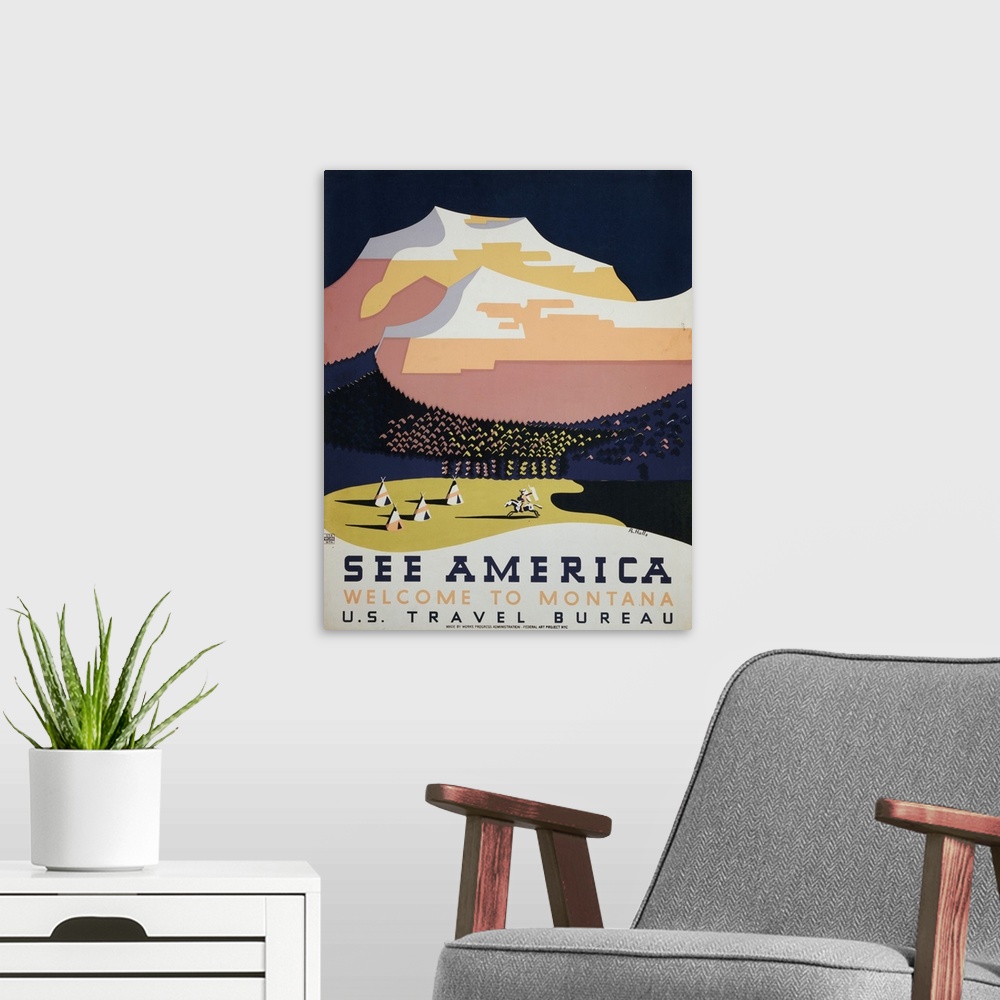 A modern room featuring Vintage travel advertising poster for Montana, with tipis and a mountain range.