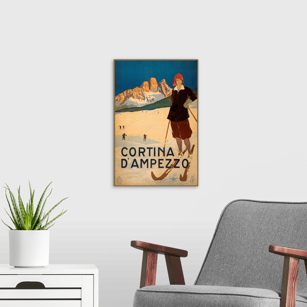 A modern room featuring Vintage travel advertisement for Cortina, Italy, with a female skier.