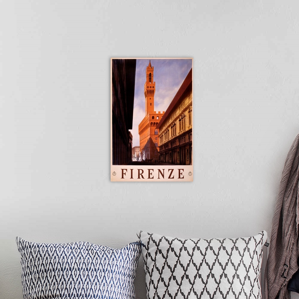 A bohemian room featuring Vintage travel advertisement for Florence, Italy, with historic architecture.