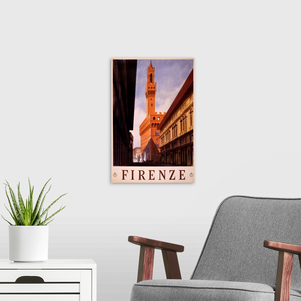 A modern room featuring Vintage travel advertisement for Florence, Italy, with historic architecture.