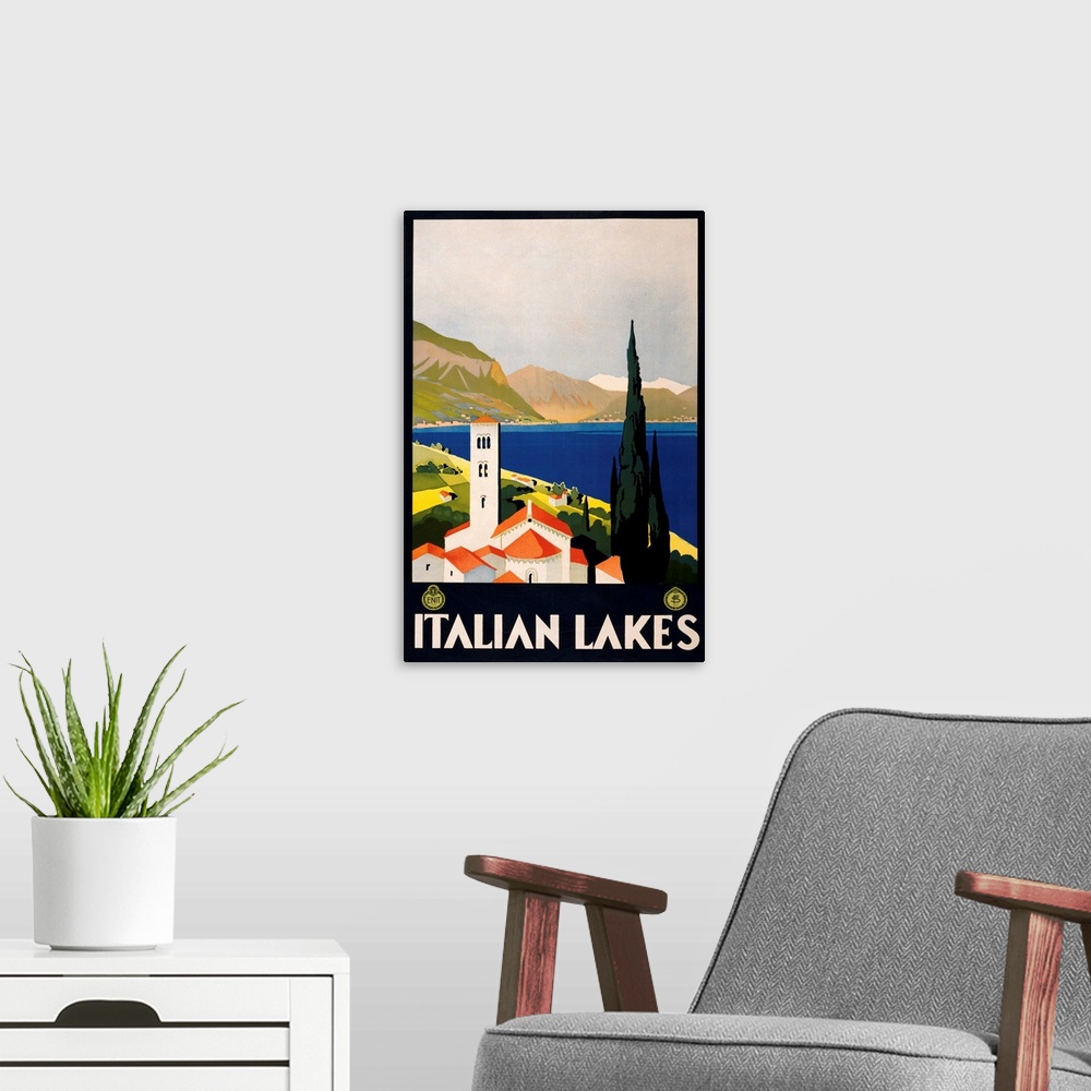 A modern room featuring Vintage travel advertising poster for the Italian lake area in Europe.
