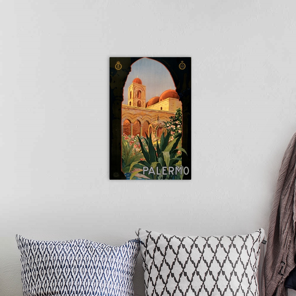 A bohemian room featuring Vintage travel advertisement for Palermo, Italy, with a lush garden and historic architecture.