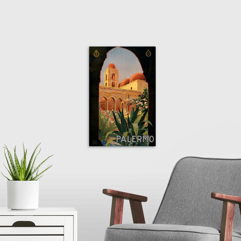 A modern room featuring Vintage travel advertisement for Palermo, Italy, with a lush garden and historic architecture.