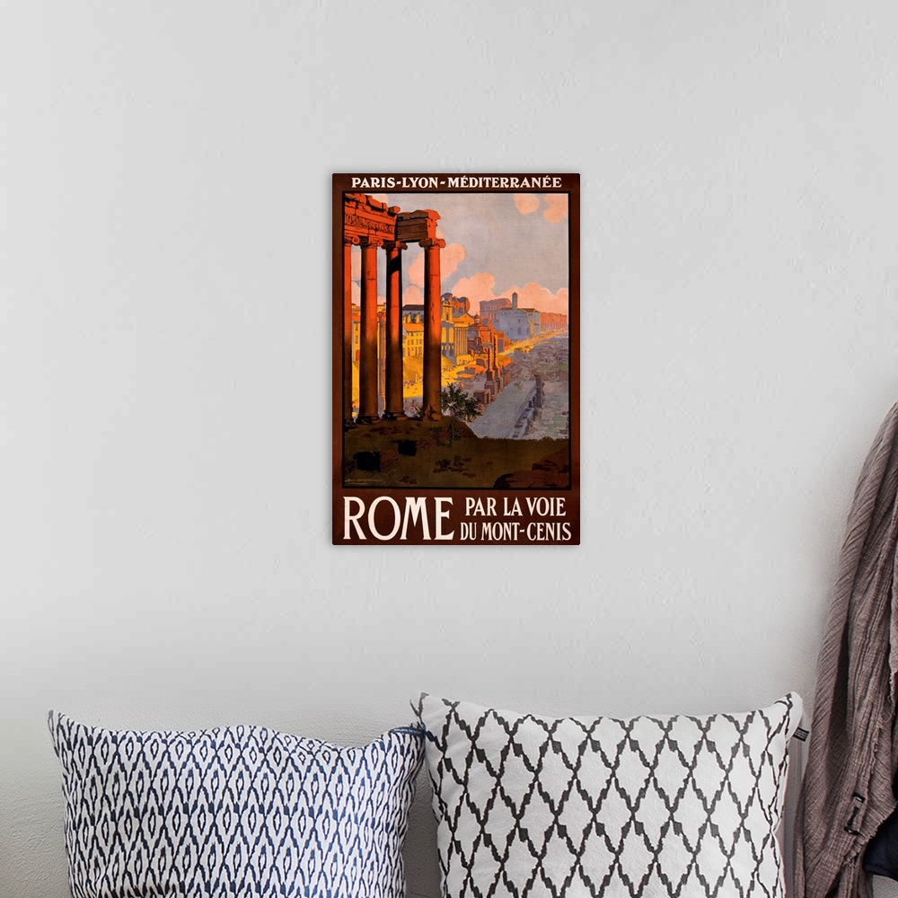 A bohemian room featuring Vintage travel advertisement for Rome, Italy, with ruins and ancient columns.