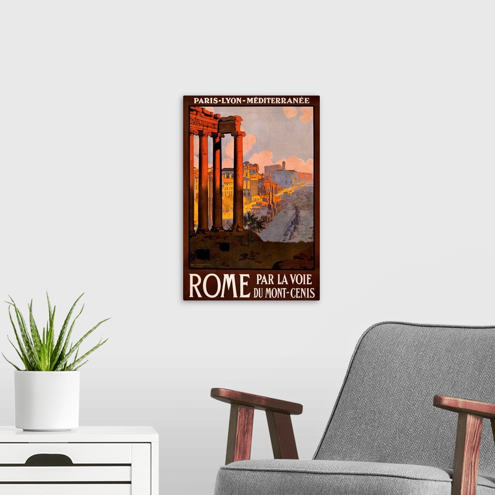 A modern room featuring Vintage travel advertisement for Rome, Italy, with ruins and ancient columns.