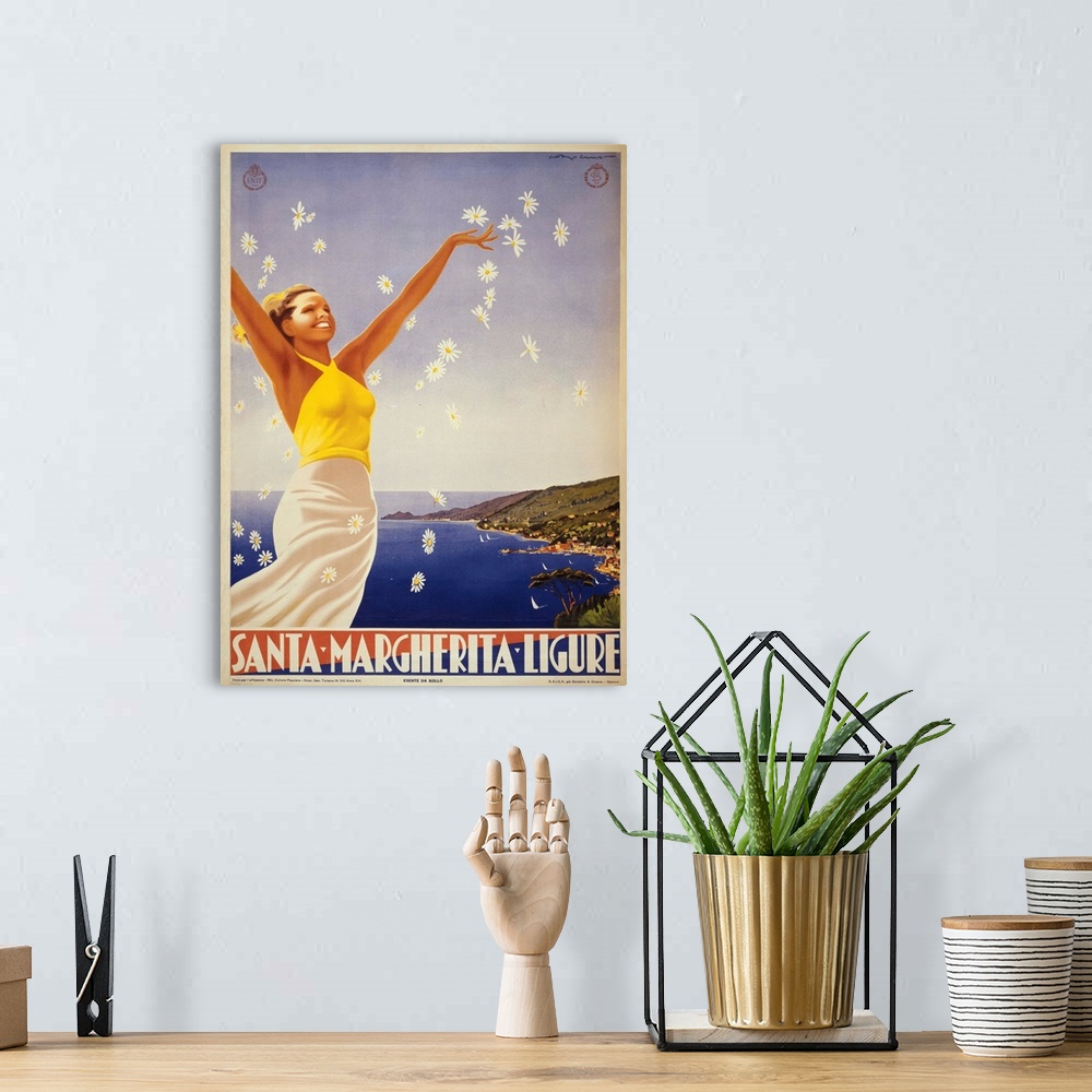 A bohemian room featuring Vintage travel advertisement for Santa Margherita Ligure, Italy, with a woman throwing flowers in...