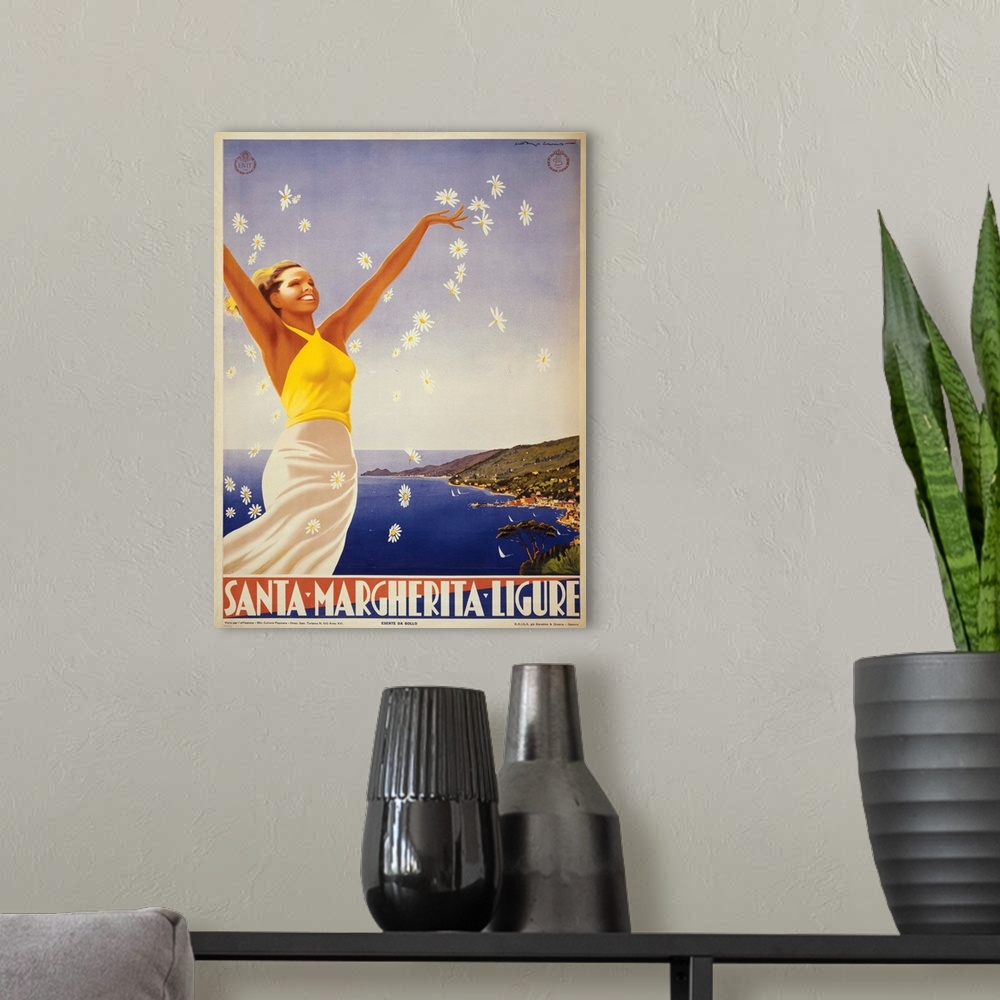A modern room featuring Vintage travel advertisement for Santa Margherita Ligure, Italy, with a woman throwing flowers in...