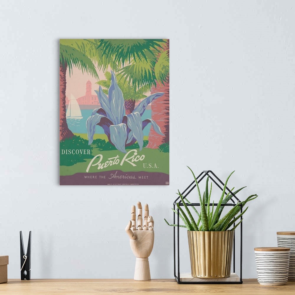 A bohemian room featuring Vintage travel advertisement for Puerto Rico featuring a large plant and palm trees on the coast.