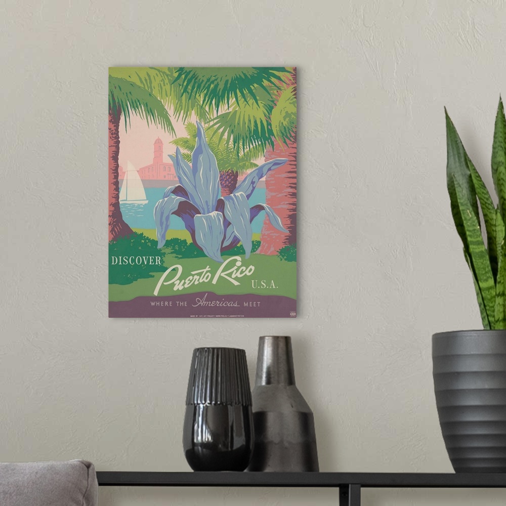 A modern room featuring Vintage travel advertisement for Puerto Rico featuring a large plant and palm trees on the coast.