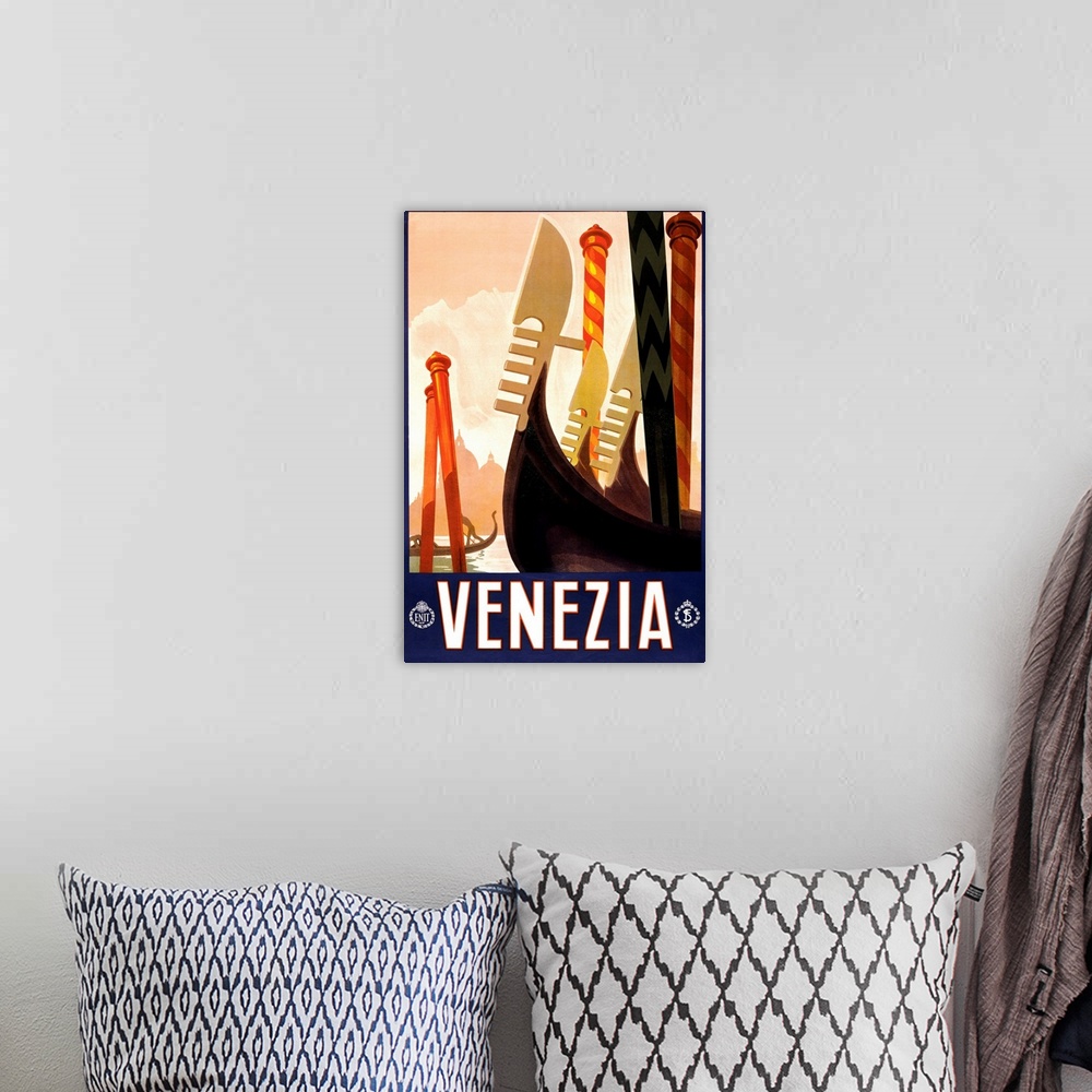 A bohemian room featuring Vintage travel advertisement for Venice, Italy, with gondola bows.