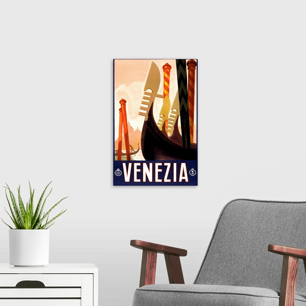 A modern room featuring Vintage travel advertisement for Venice, Italy, with gondola bows.