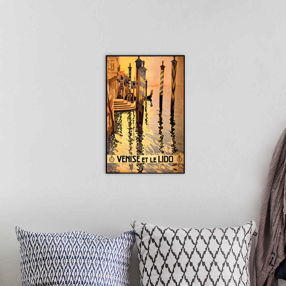 A bohemian room featuring Vintage travel advertisement for Venice, Italy, rippling canal waters.