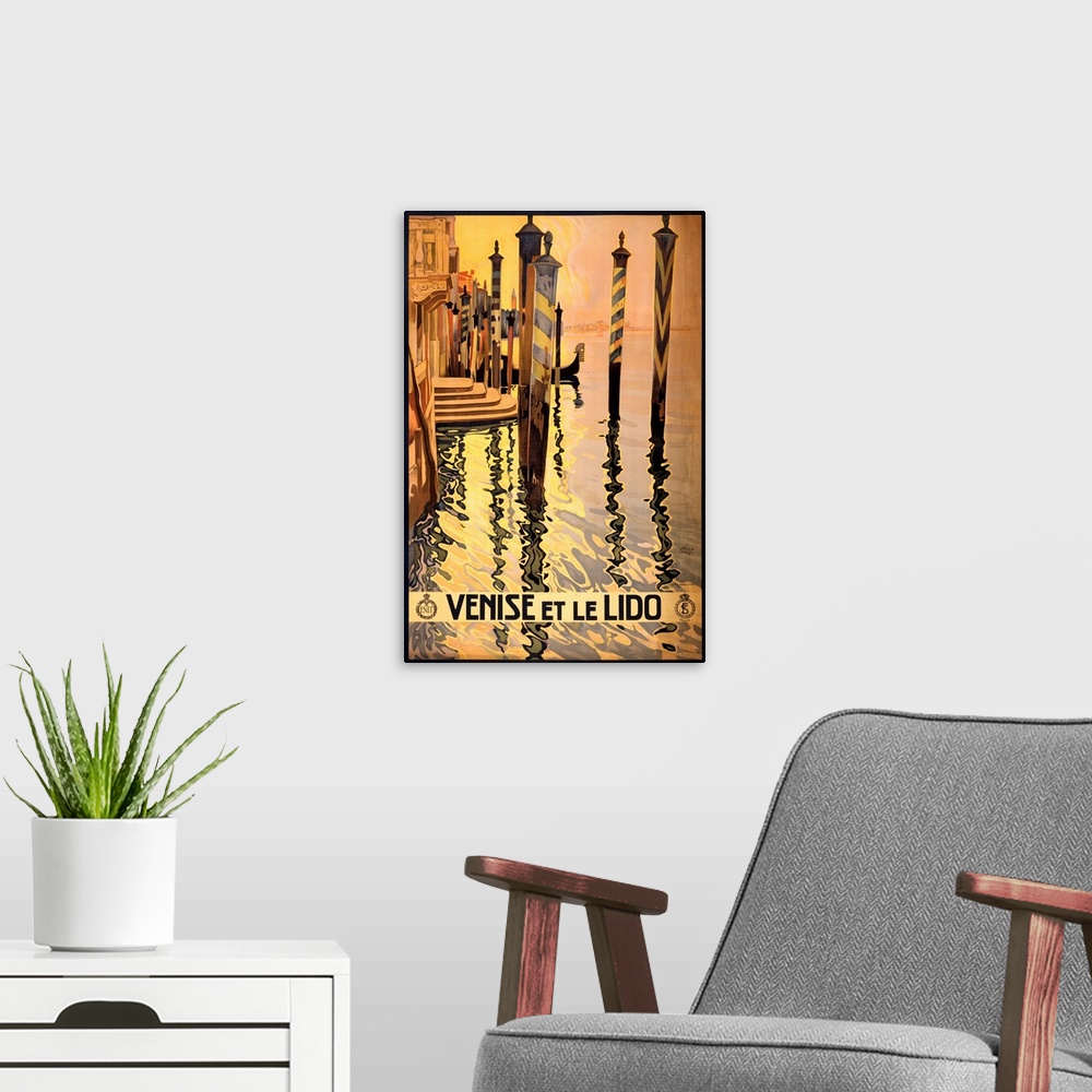 A modern room featuring Vintage travel advertisement for Venice, Italy, rippling canal waters.