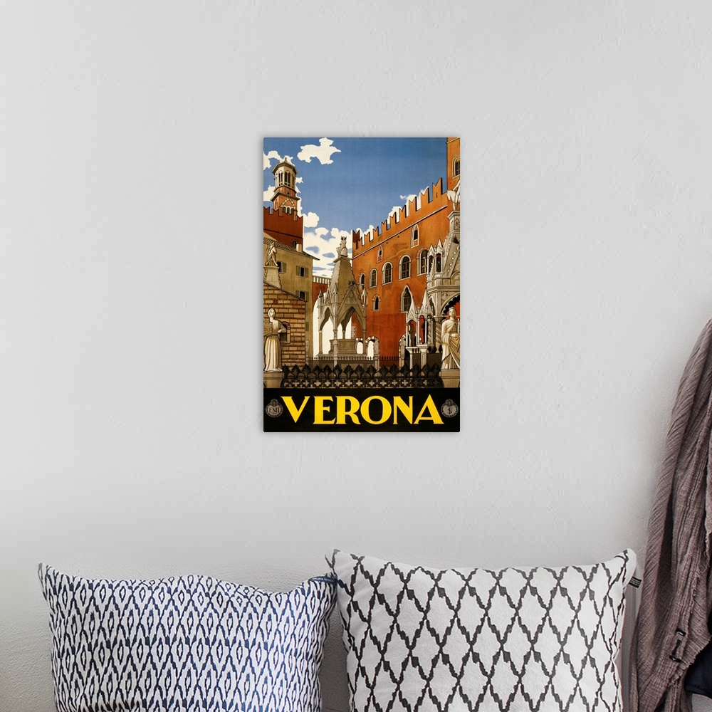 A bohemian room featuring Vintage travel advertisement for Verona, Italy, with historic architecture.