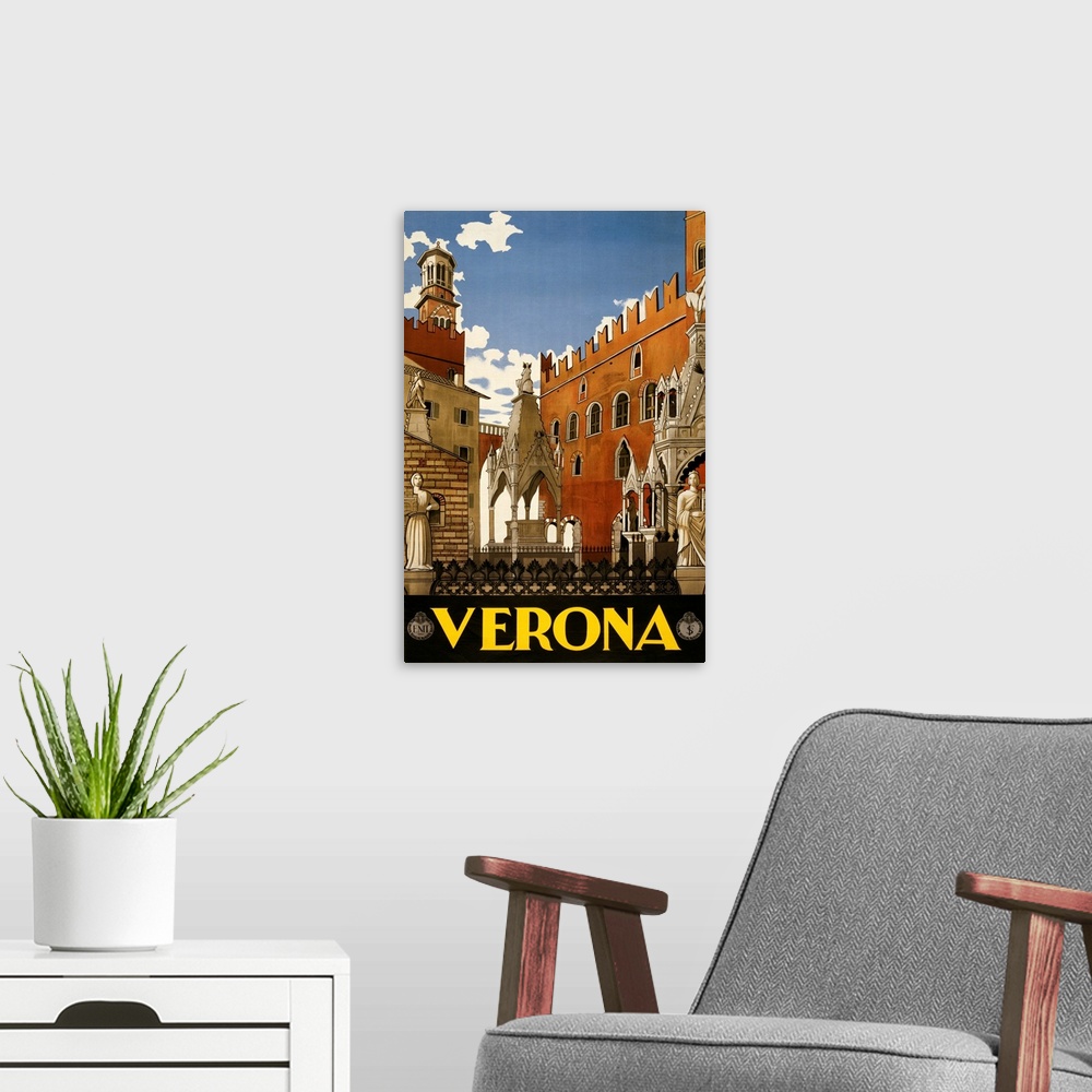 A modern room featuring Vintage travel advertisement for Verona, Italy, with historic architecture.