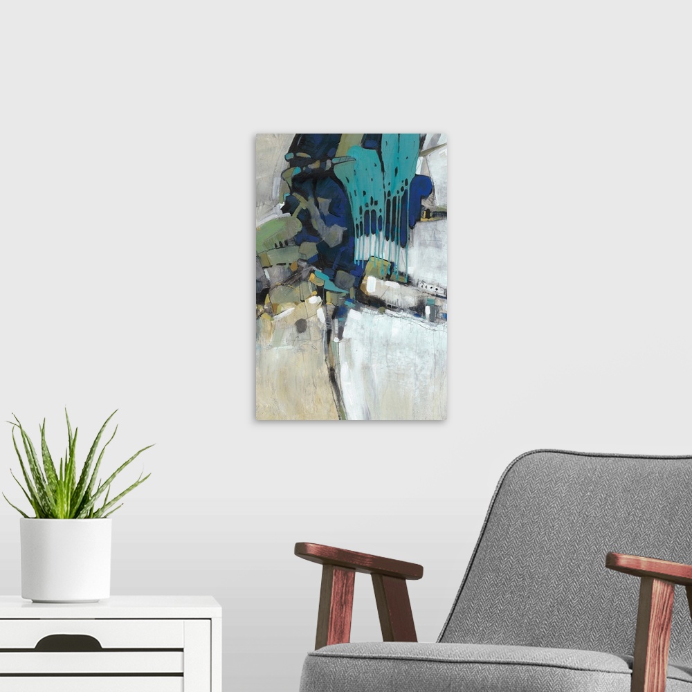 A modern room featuring This abstract artwork features blocks of bright color, paint drips and organic lines.