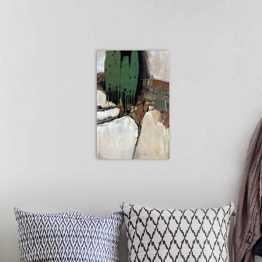A bohemian room featuring This abstract artwork features blocks of bright color, paint drips and organic lines.