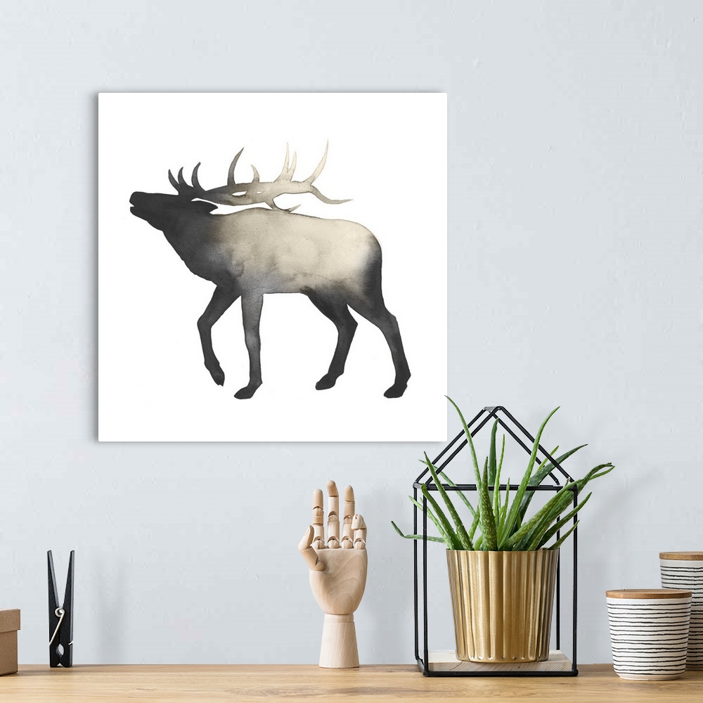 A bohemian room featuring A simple rustic watercolor painting of a deer with full antlers in silhouette on a white backgrou...