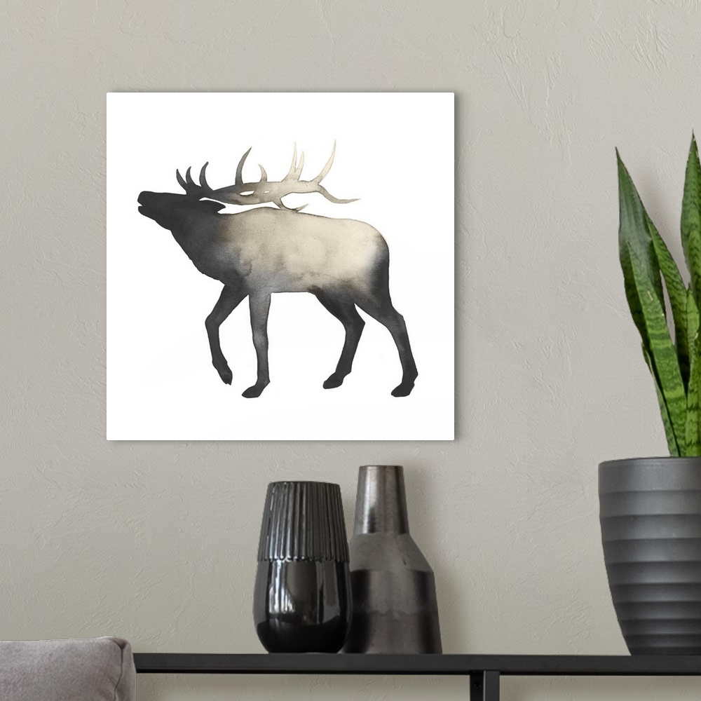 A modern room featuring A simple rustic watercolor painting of a deer with full antlers in silhouette on a white backgrou...