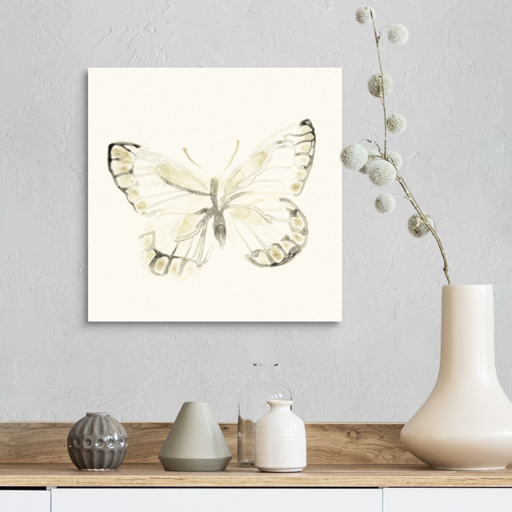A farmhouse room featuring Thin and diluted brushstrokes create the illusion of an x-ray of a butterfly in this contemporary...
