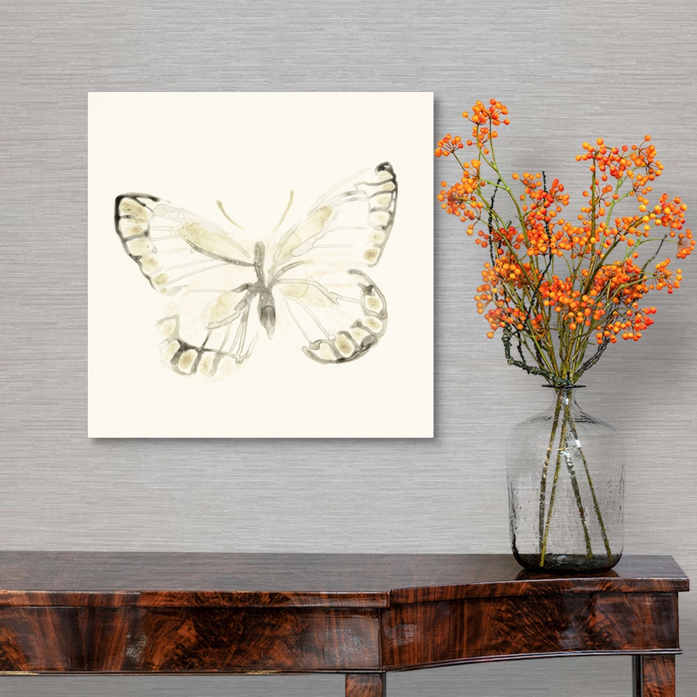 A traditional room featuring Thin and diluted brushstrokes create the illusion of an x-ray of a butterfly in this contemporary...