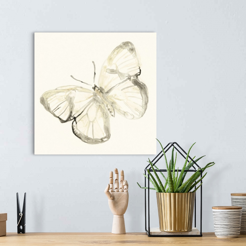 A bohemian room featuring Thin and diluted brushstrokes create the illusion of an x-ray of a butterfly in this contemporary...