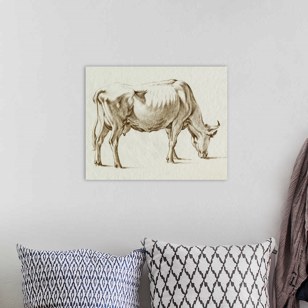 A bohemian room featuring Sepia Grazing Cow Sketch I