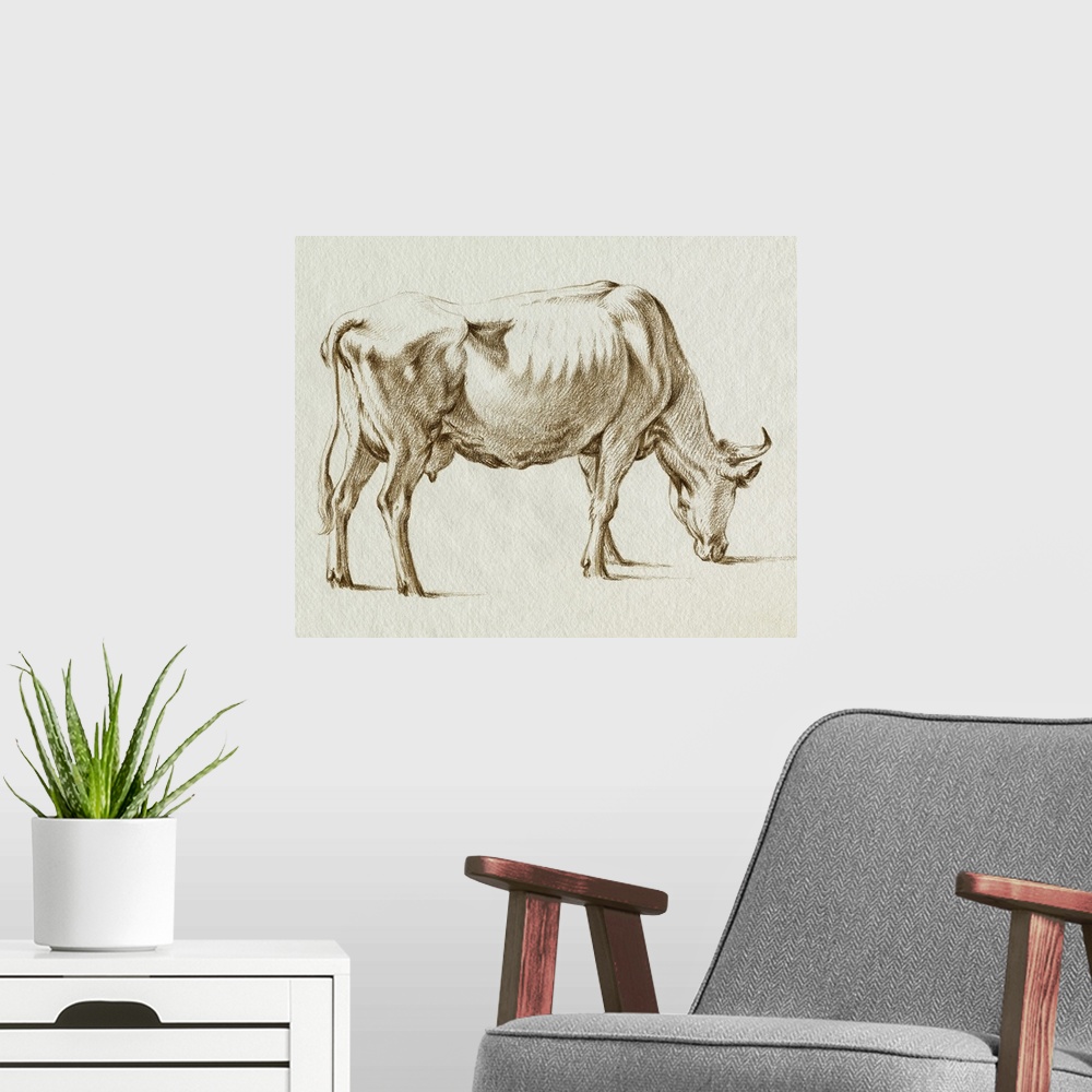 A modern room featuring Sepia Grazing Cow Sketch I