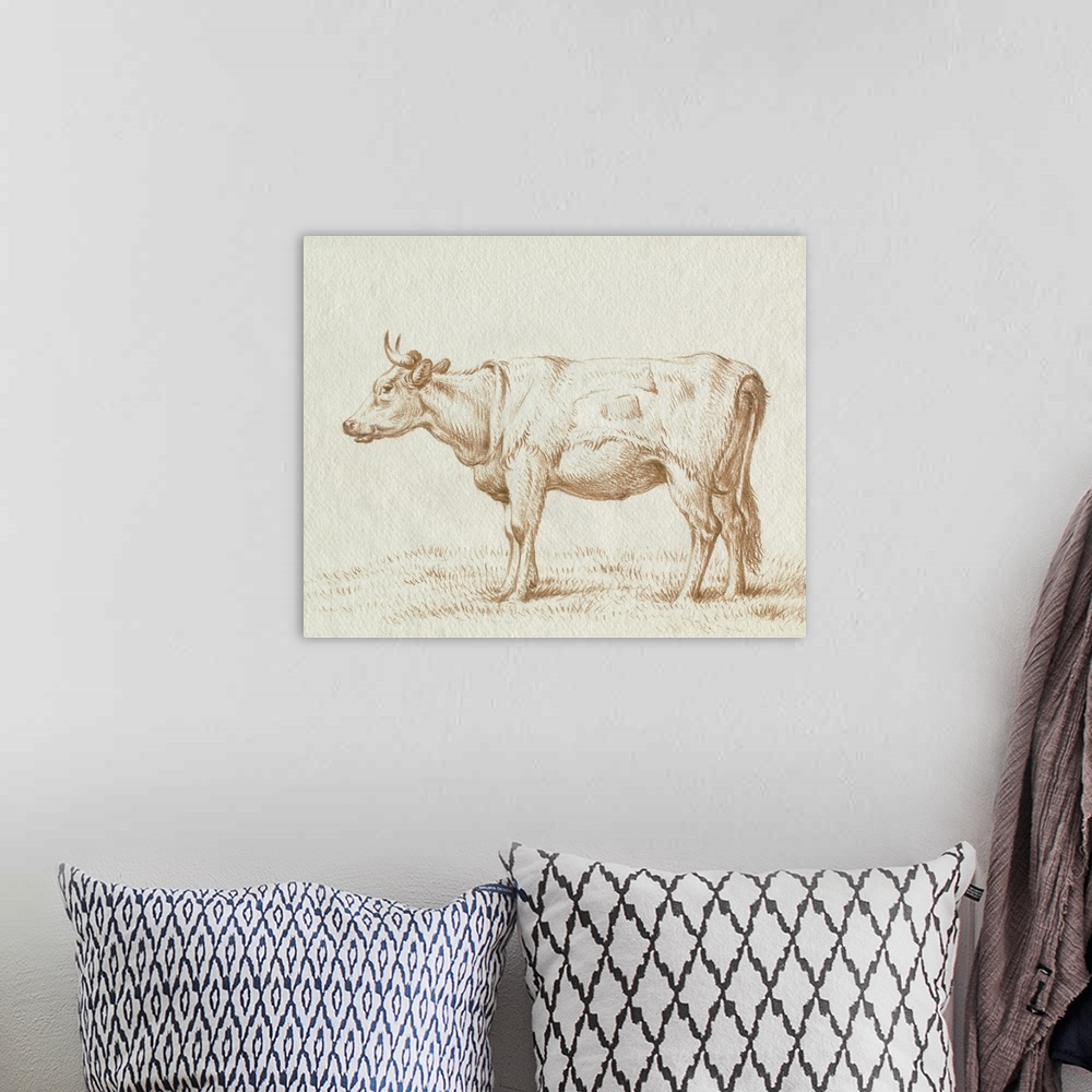A bohemian room featuring Sepia Grazing Cow Sketch II