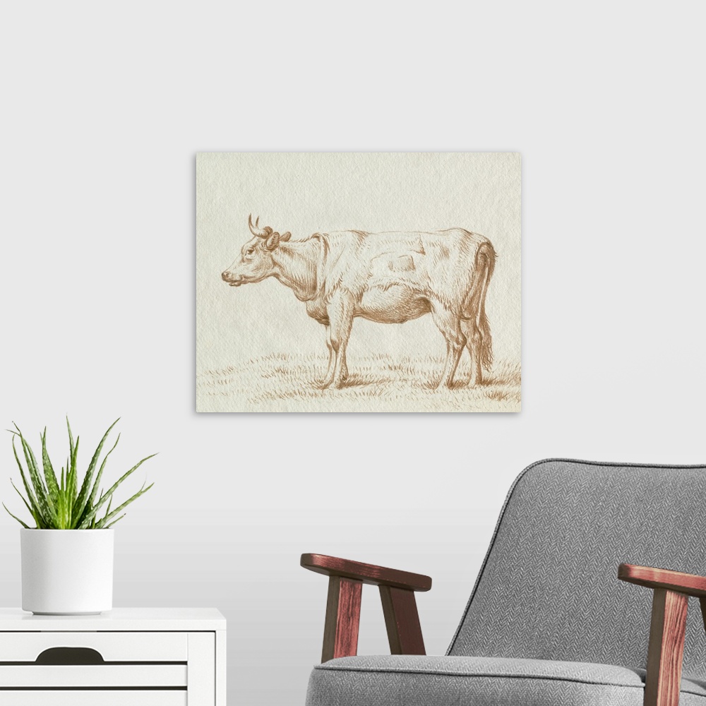 A modern room featuring Sepia Grazing Cow Sketch II