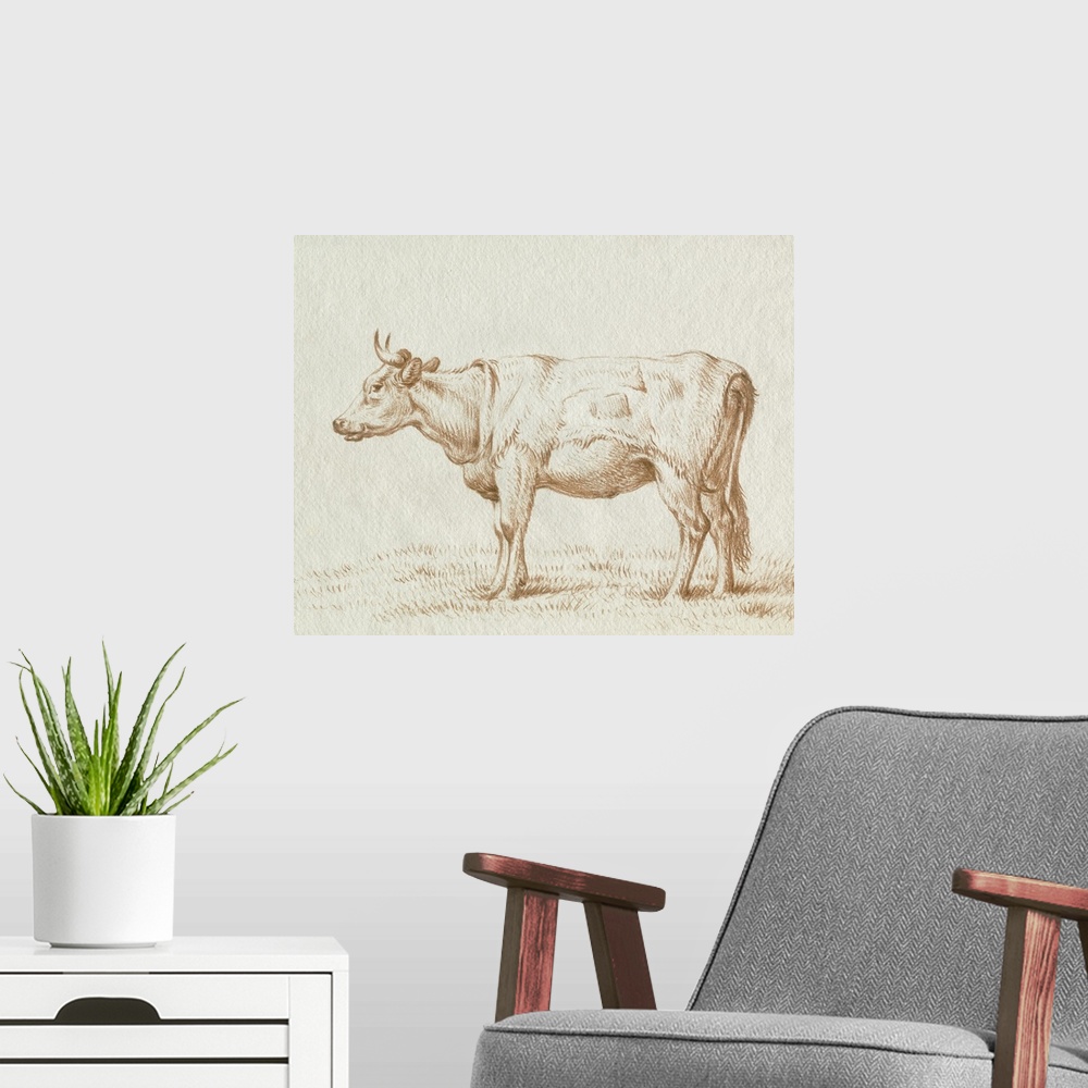 A modern room featuring Sepia Grazing Cow Sketch II