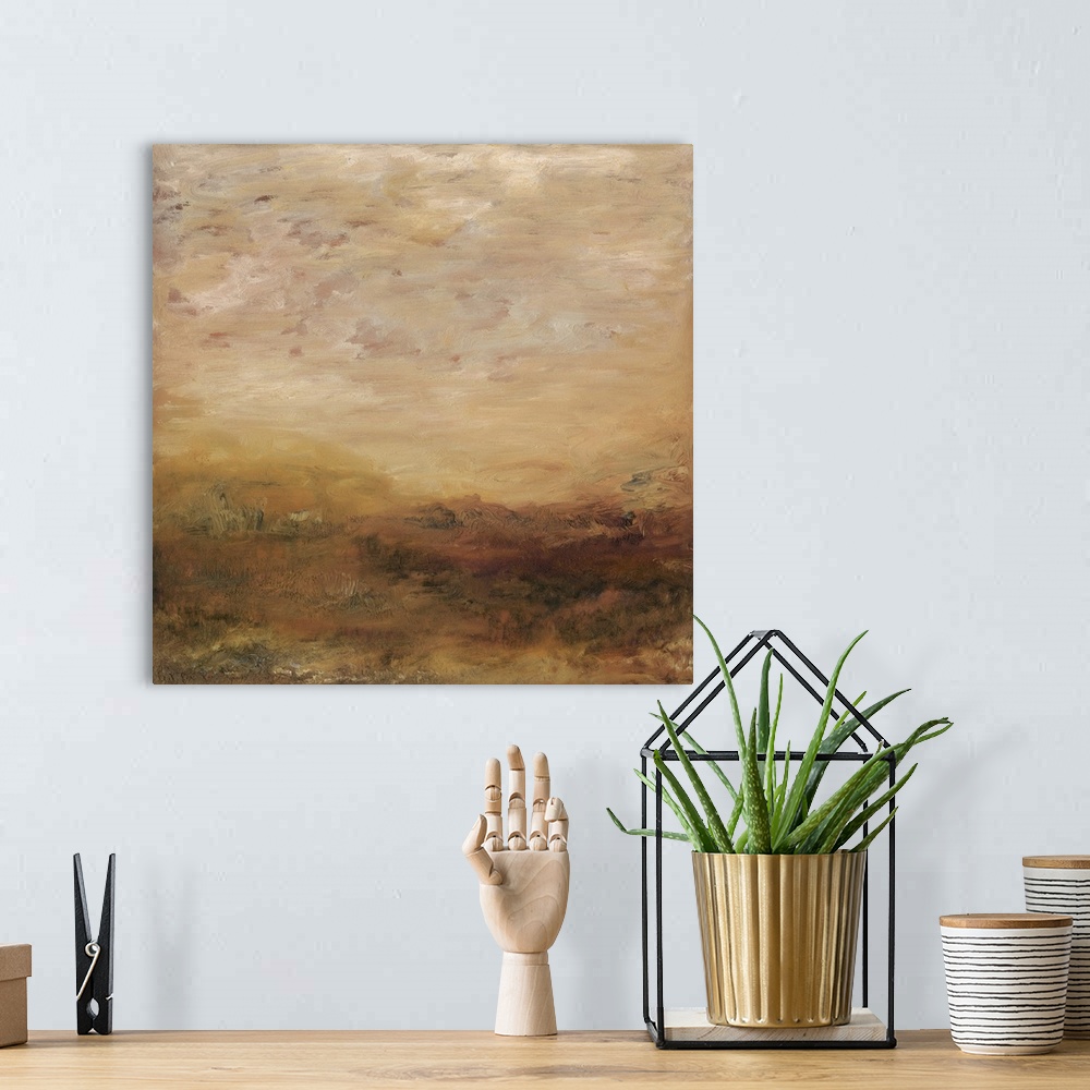 A bohemian room featuring Contemporary abstract painting in earthy shades of brown and yellow.