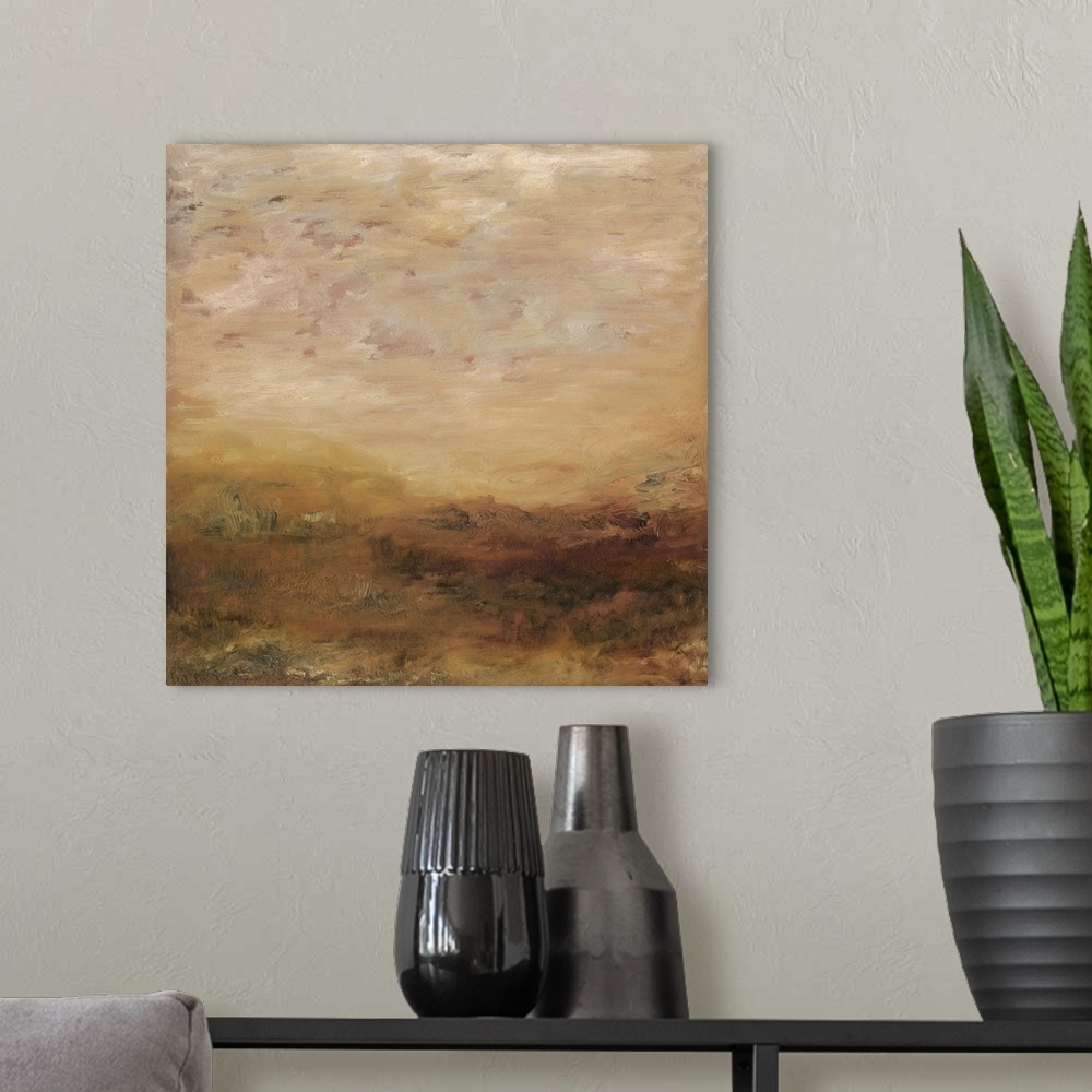 A modern room featuring Contemporary abstract painting in earthy shades of brown and yellow.