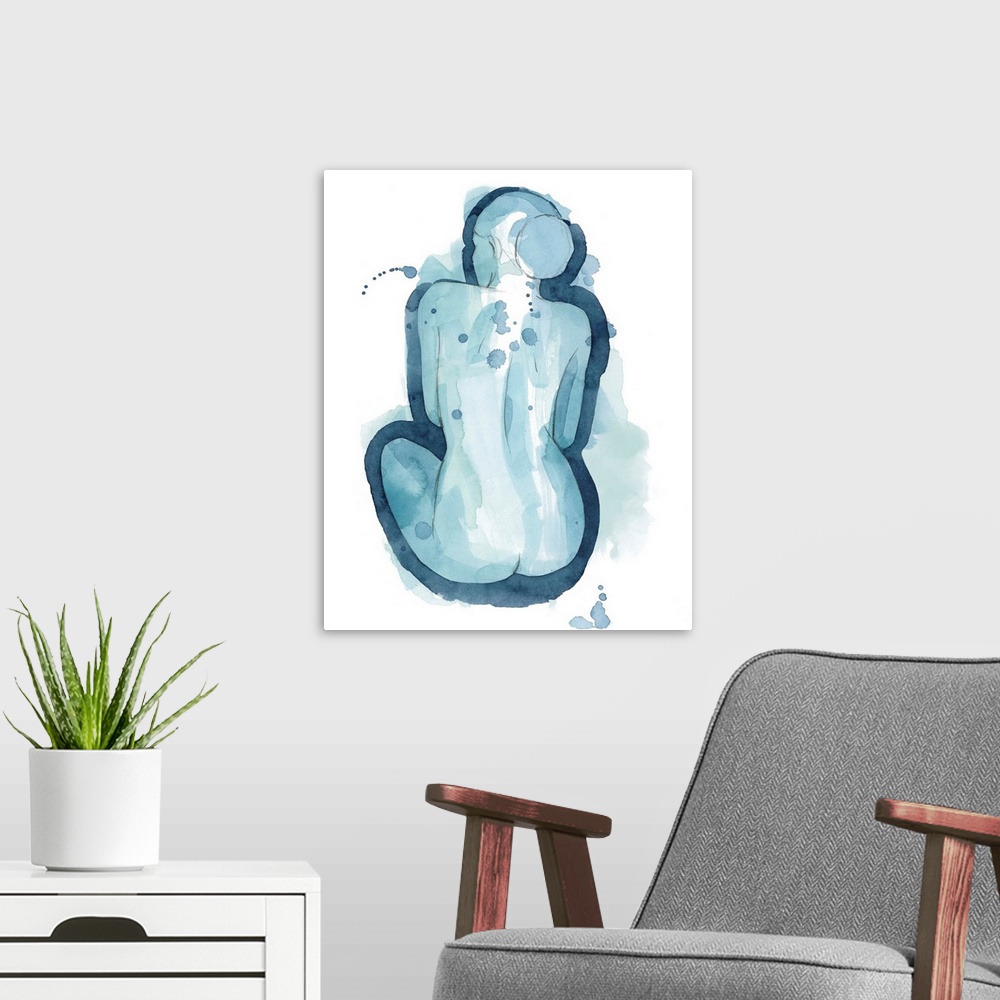 A modern room featuring Contemporary abstract figurative painting in blue watercolor.