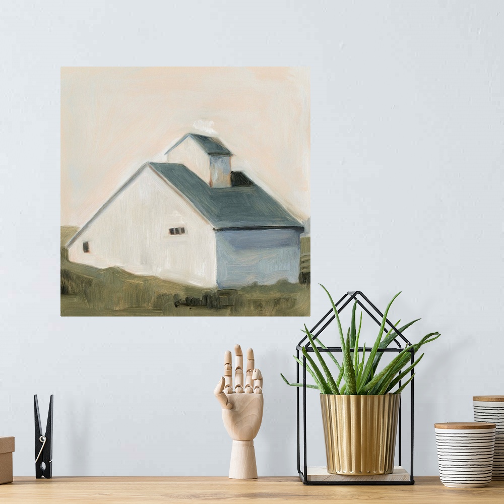 A bohemian room featuring This simple and homely image of a white saltbox barn with slate blue roof is painted in a simple,...