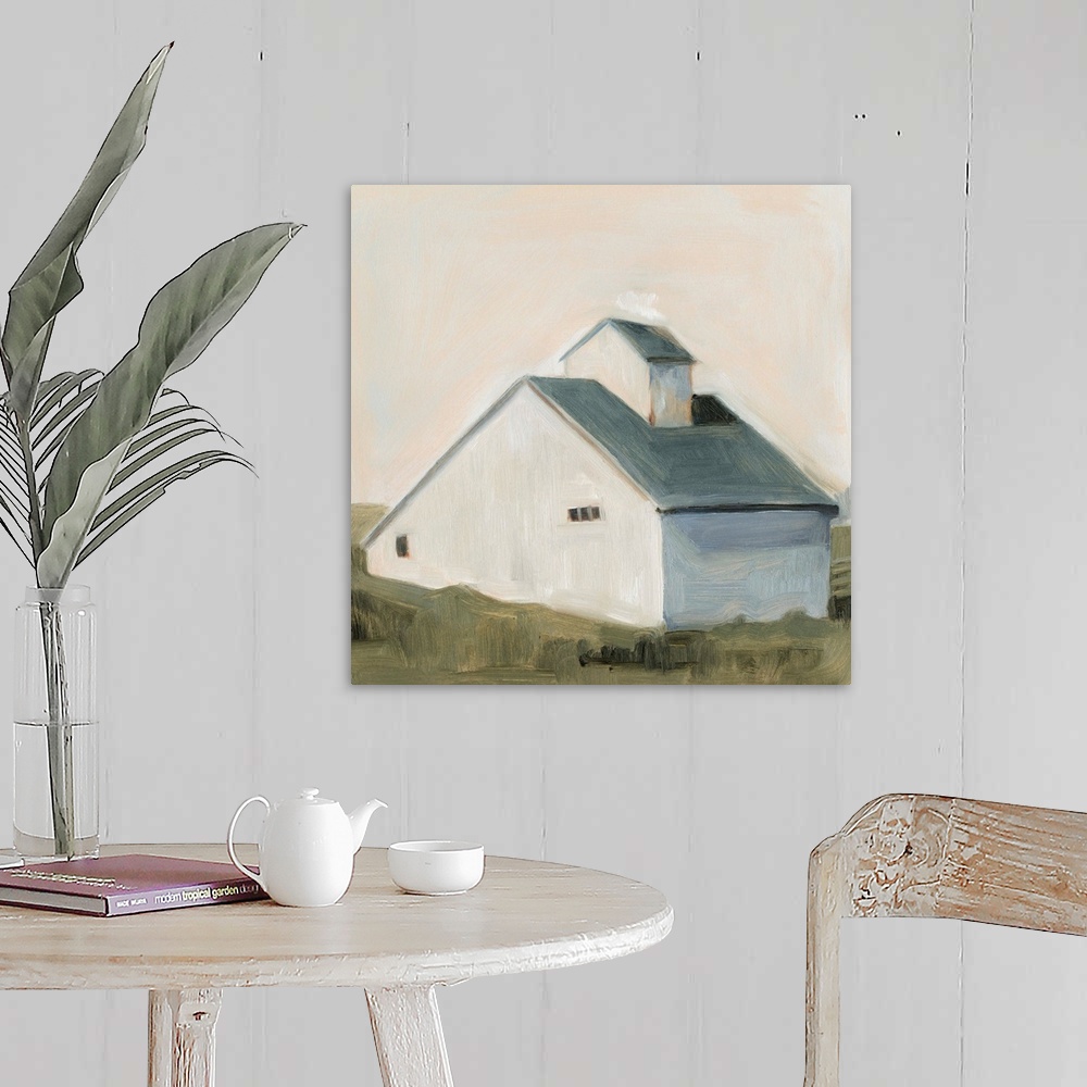 A farmhouse room featuring This simple and homely image of a white saltbox barn with slate blue roof is painted in a simple,...