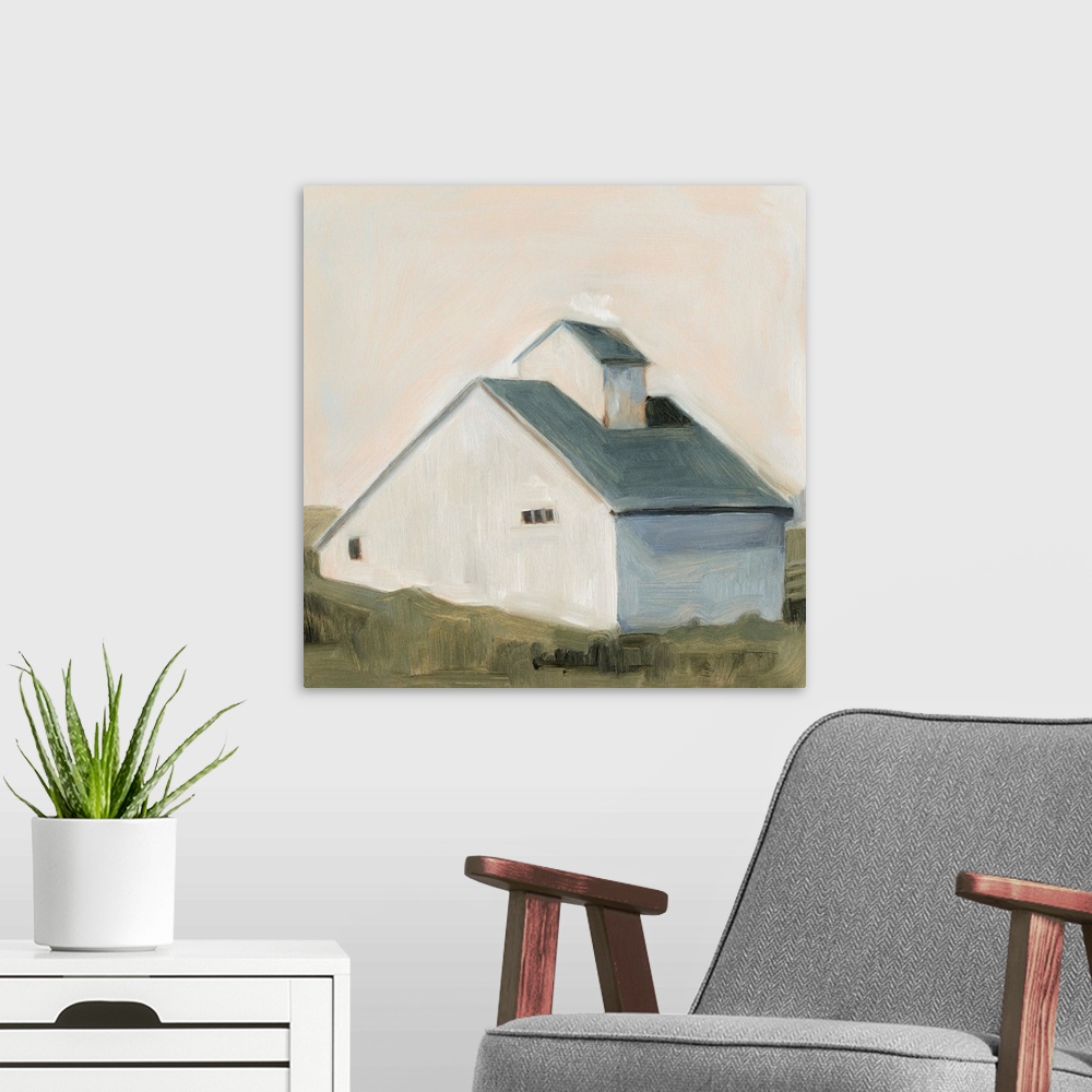 A modern room featuring This simple and homely image of a white saltbox barn with slate blue roof is painted in a simple,...