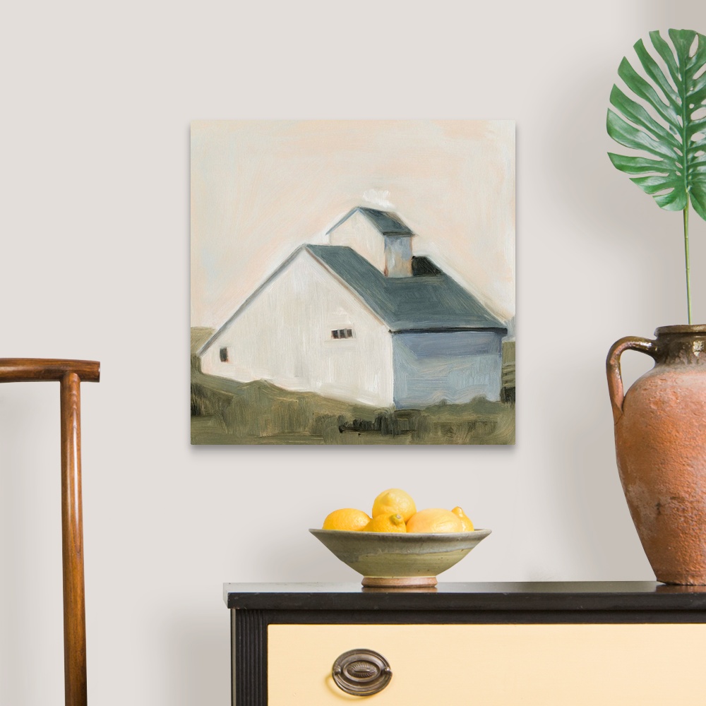 A traditional room featuring This simple and homely image of a white saltbox barn with slate blue roof is painted in a simple,...