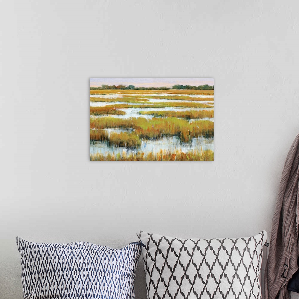 A bohemian room featuring Abstracted landscape painting of a serene marshland.
