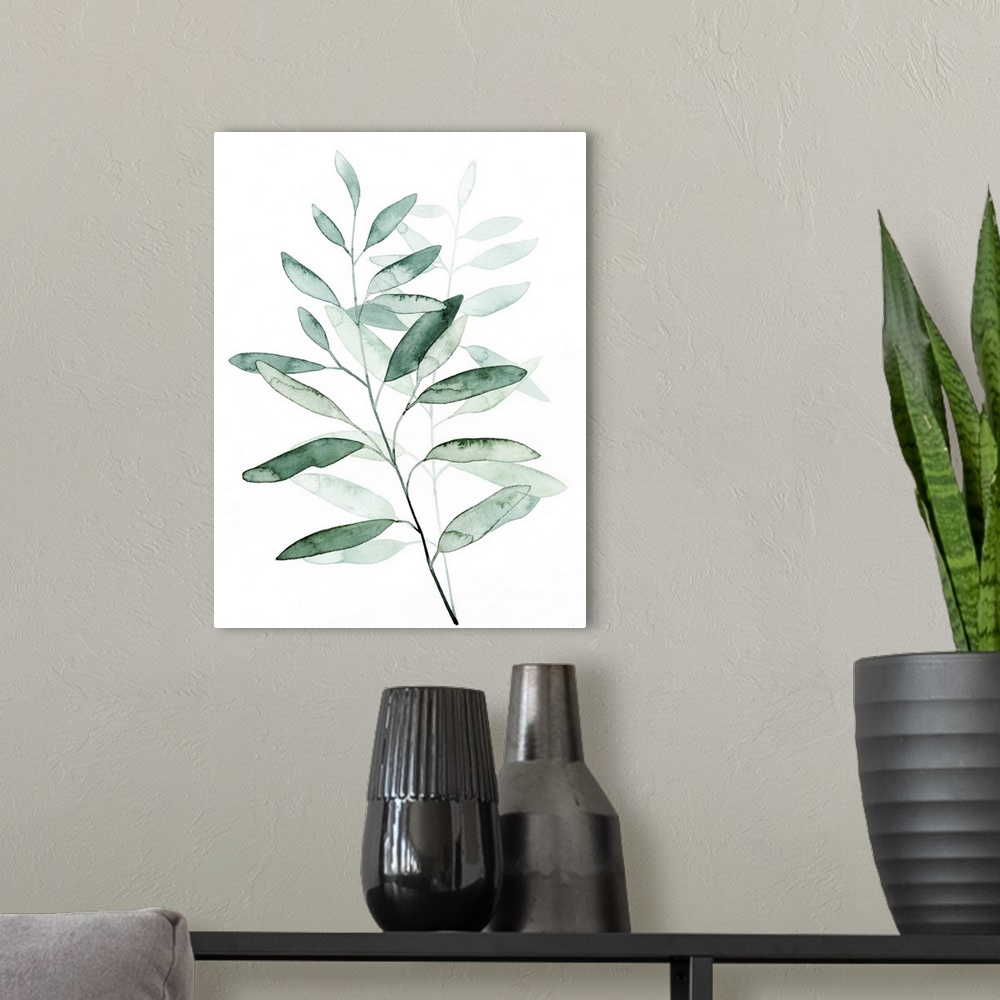 A modern room featuring Watercolor artwork of a plant with pale green leaves.