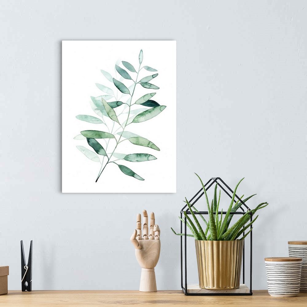 A bohemian room featuring Watercolor artwork of a plant with pale green leaves.